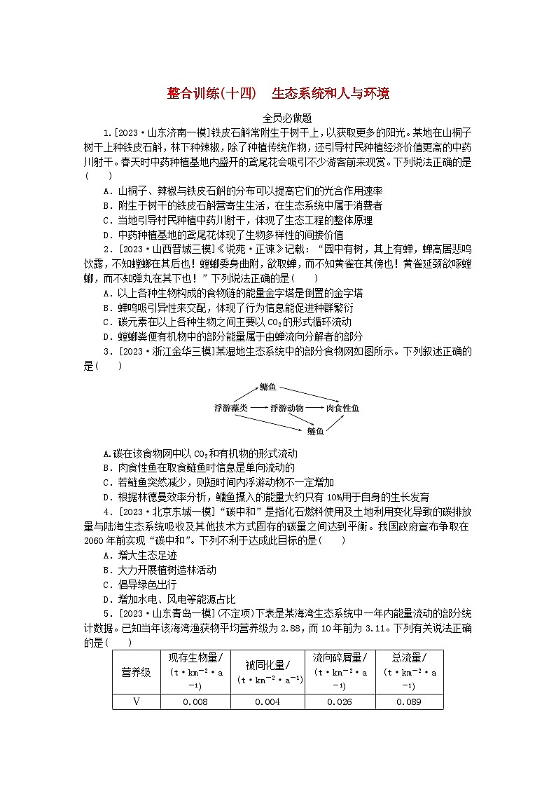 新教材2024高考生物二轮专题复习整合训练14生态系统和人与环境第1页