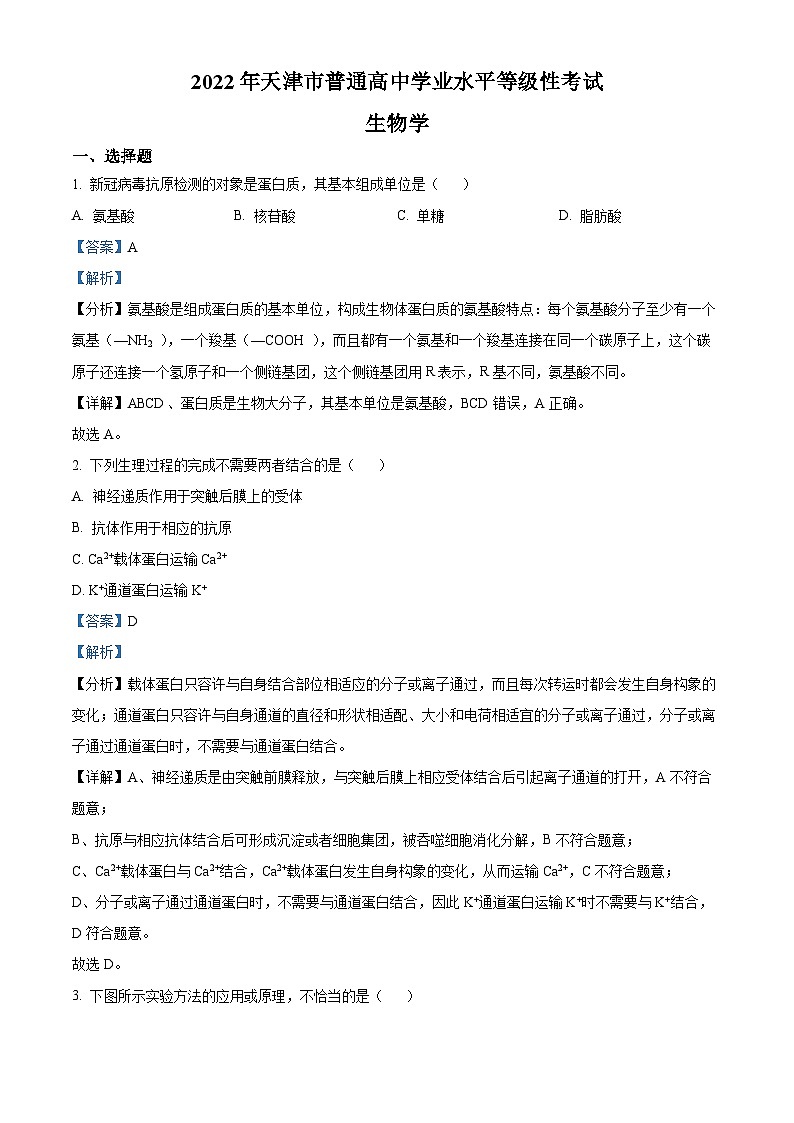 2022年新教材天津生物高中考试试题（剖析版）第1页