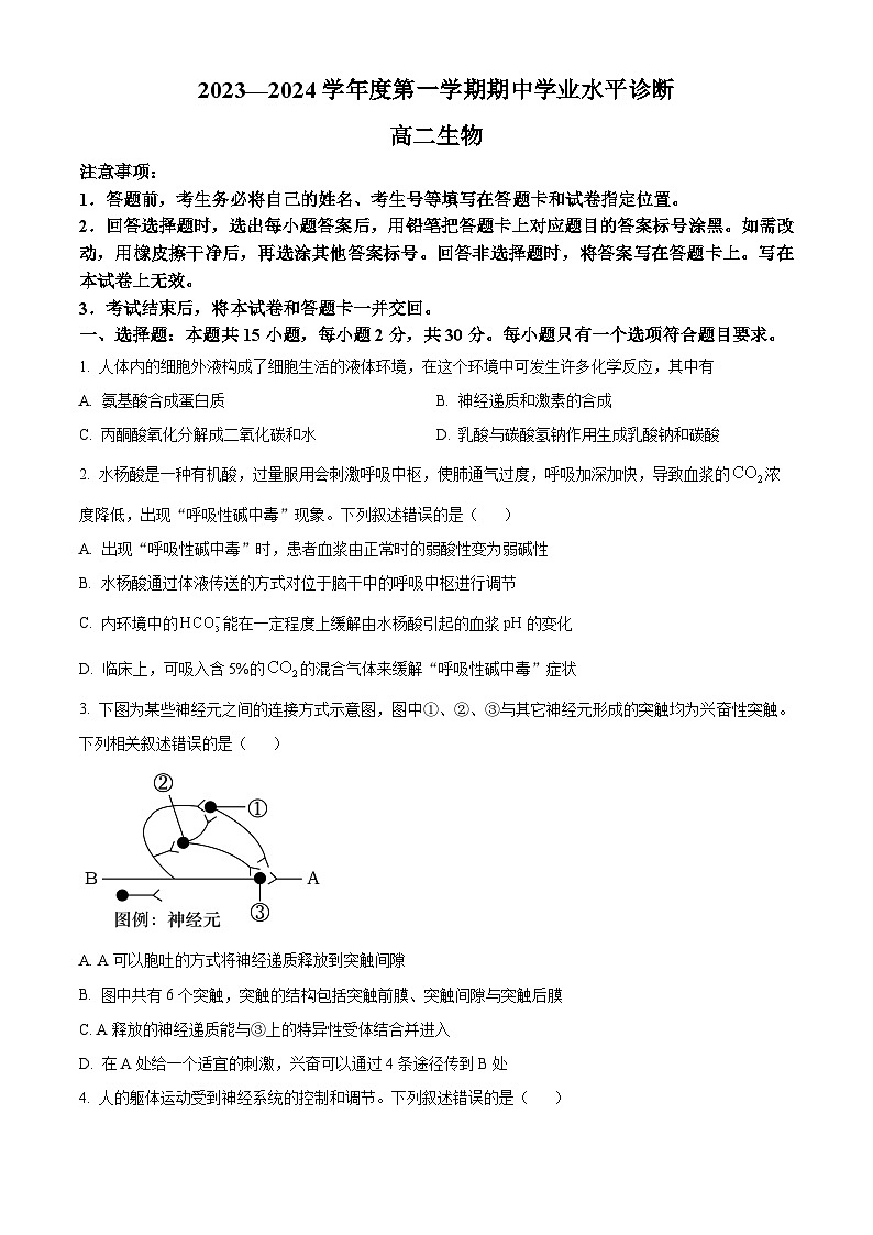 山东省烟台市2023-2024学年高二上学期期中生物试题（Word版附解析）01