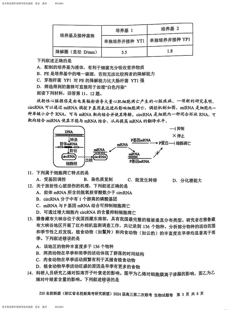 140，浙江省Z20联盟2023-2024学年高三上学期第二次联考生物试题第3页