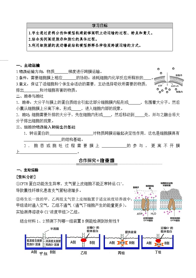 4.2主动运输与胞吞、胞吐导学案 生物人教版必修101
