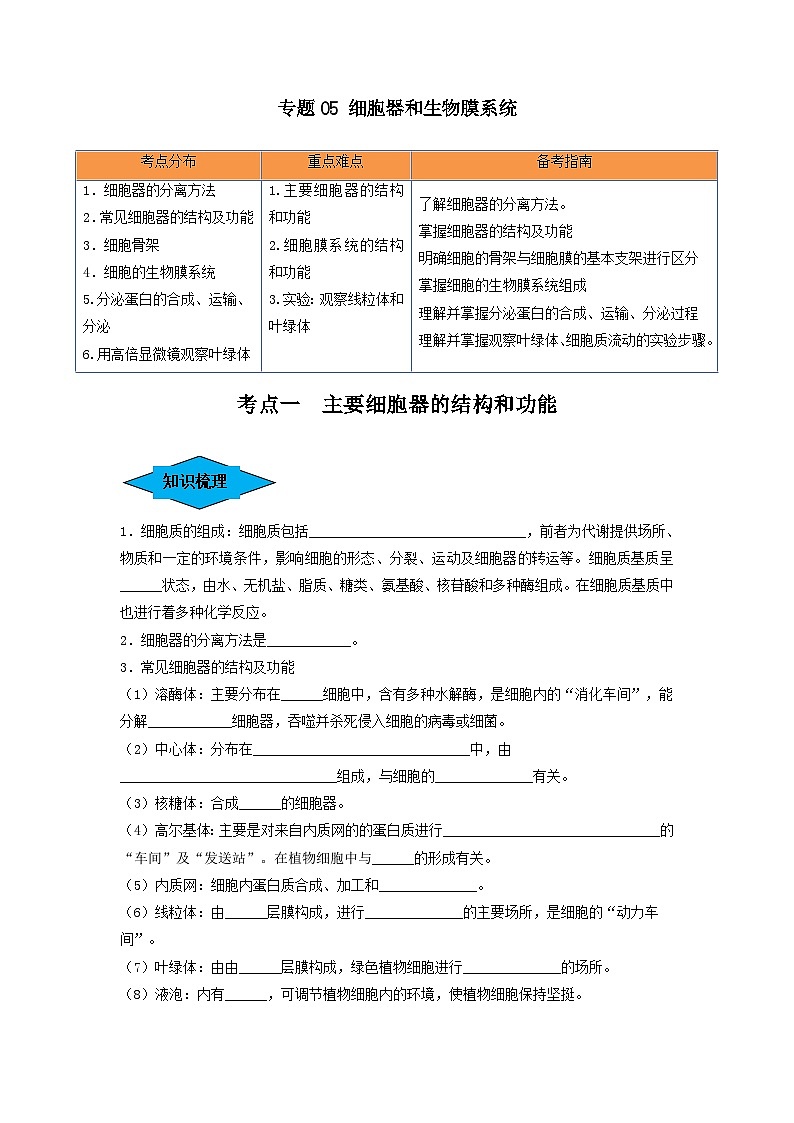 专题05 细胞器和生物膜系统（串讲）（原卷版）第1页