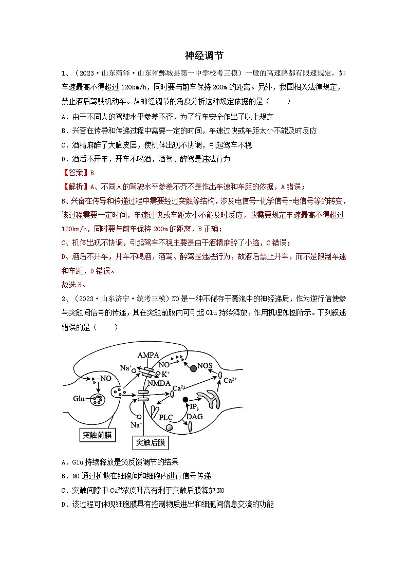 专题24 神经调节（精练）（解析版）第1页