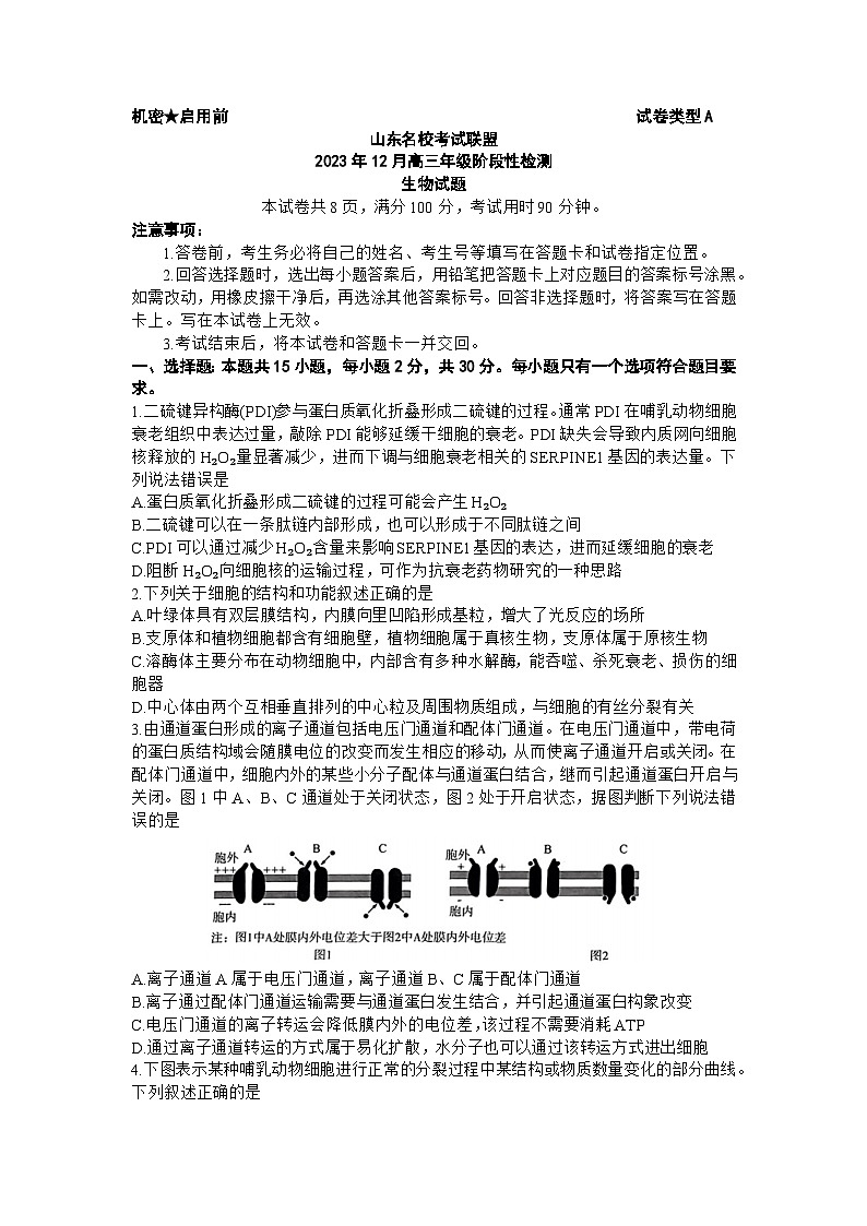 山东省名校联盟2023-2024学年高三上学期12月联考生物试题及答案01