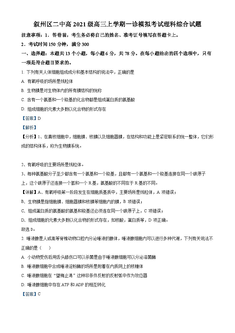四川省宜宾市叙州区第二中学2024届高三上学期一诊模拟考试生物试题（Word版附解析）01