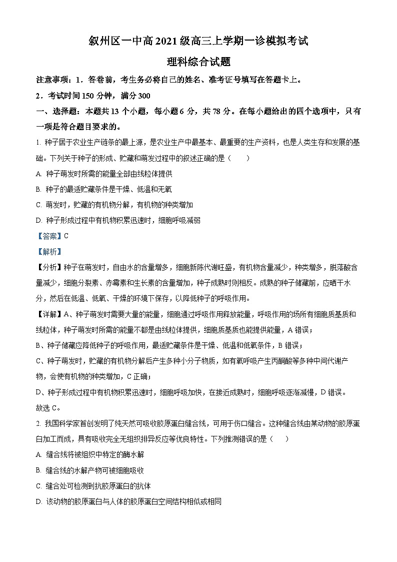 四川省宜宾市叙州区第一中学2023-2024学年高三上学期一诊模拟考试生物试题（Word版附解析）01