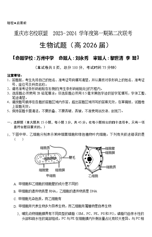 2024重庆市名校联盟高一上学期第二次联考试题（12月）生物含答案01