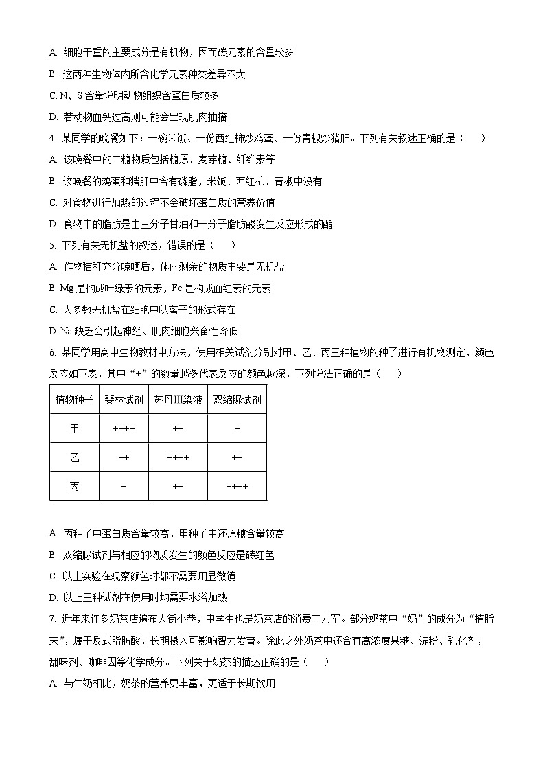 辽宁省丹东市2023-2024学年高一上学期期中教学质量调研测试生物试卷（Word版附解析）02