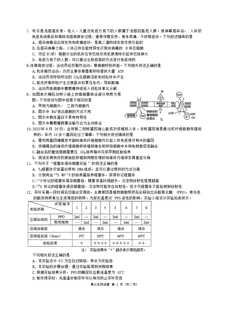 浙江省县域教研联盟2023-2024学年高三上学期12月模拟考试生物试题（Word版附答案）02