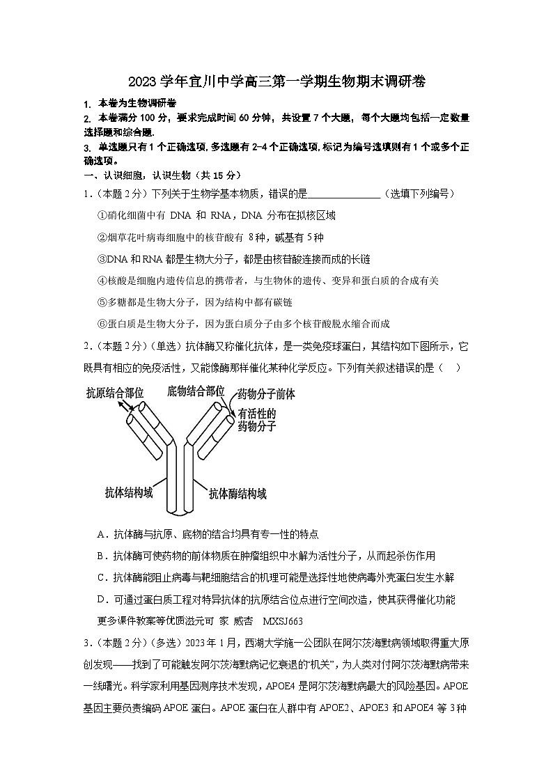 上海市宜川中学2023-2024学年高三上学期12月期末调研生物试题01