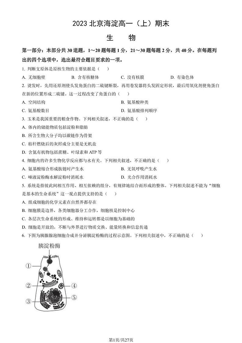 2023年北京海淀高一上学期期末生物试卷及答案（教师版）01