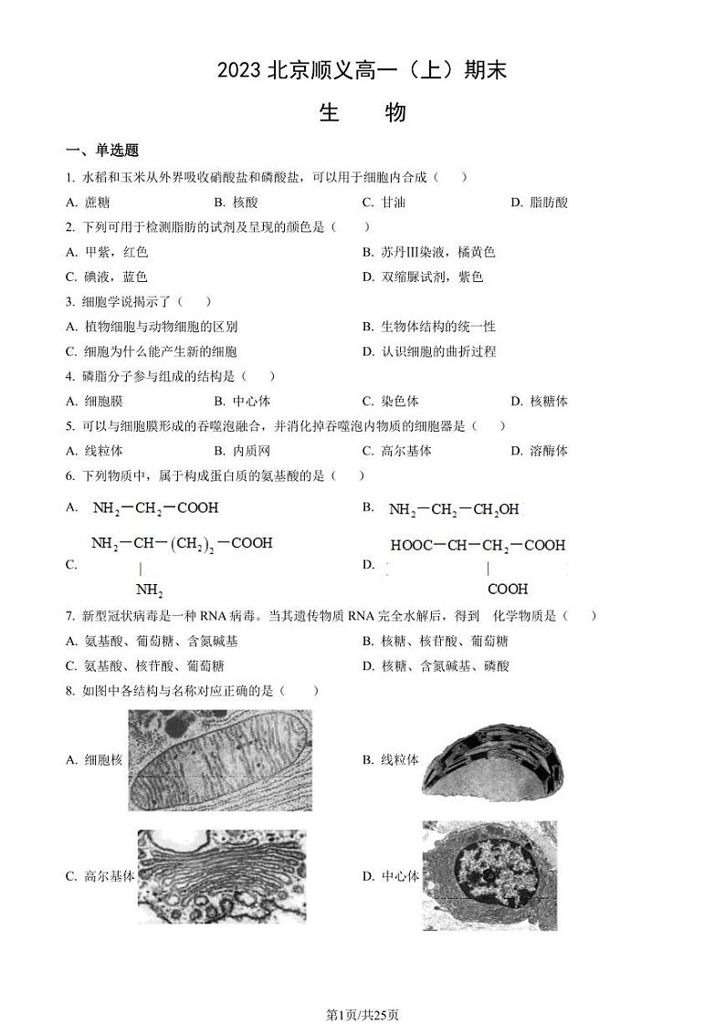 2023年北京顺义高一上学期期末生物试卷及答案（教师版）第1页