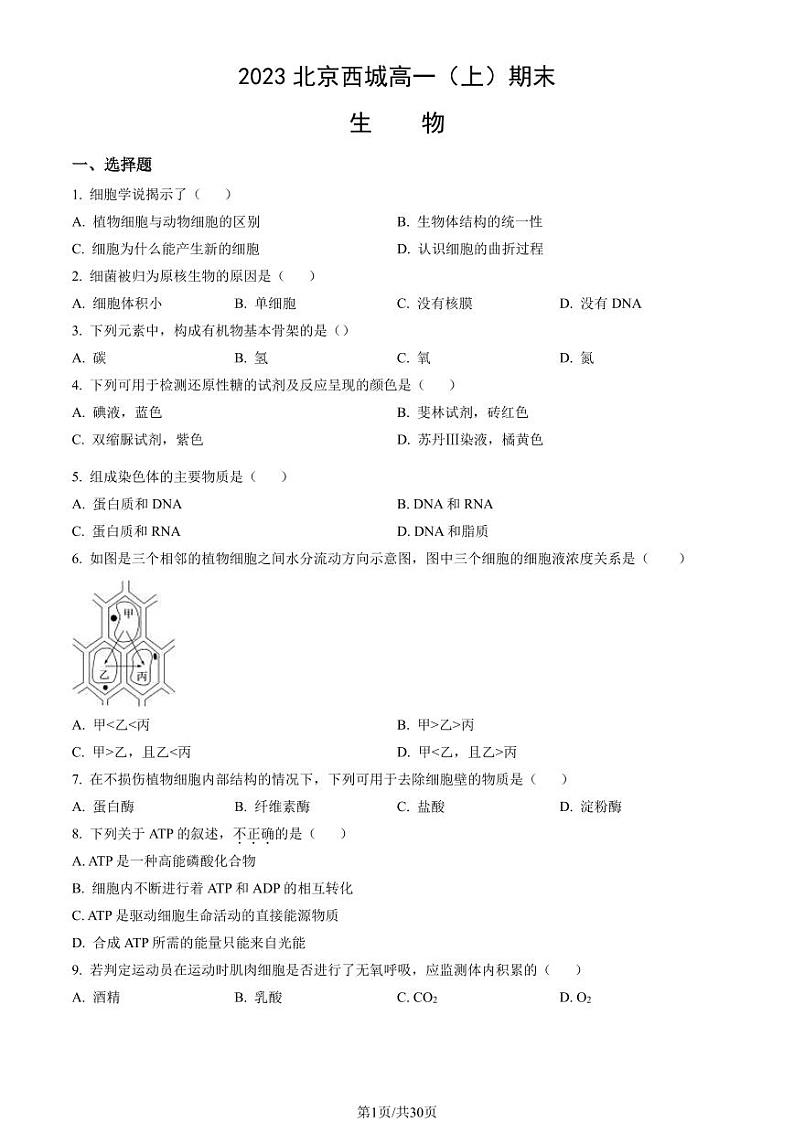 2023年北京西城高一上学期期末生物试卷及答案（教师版）第1页