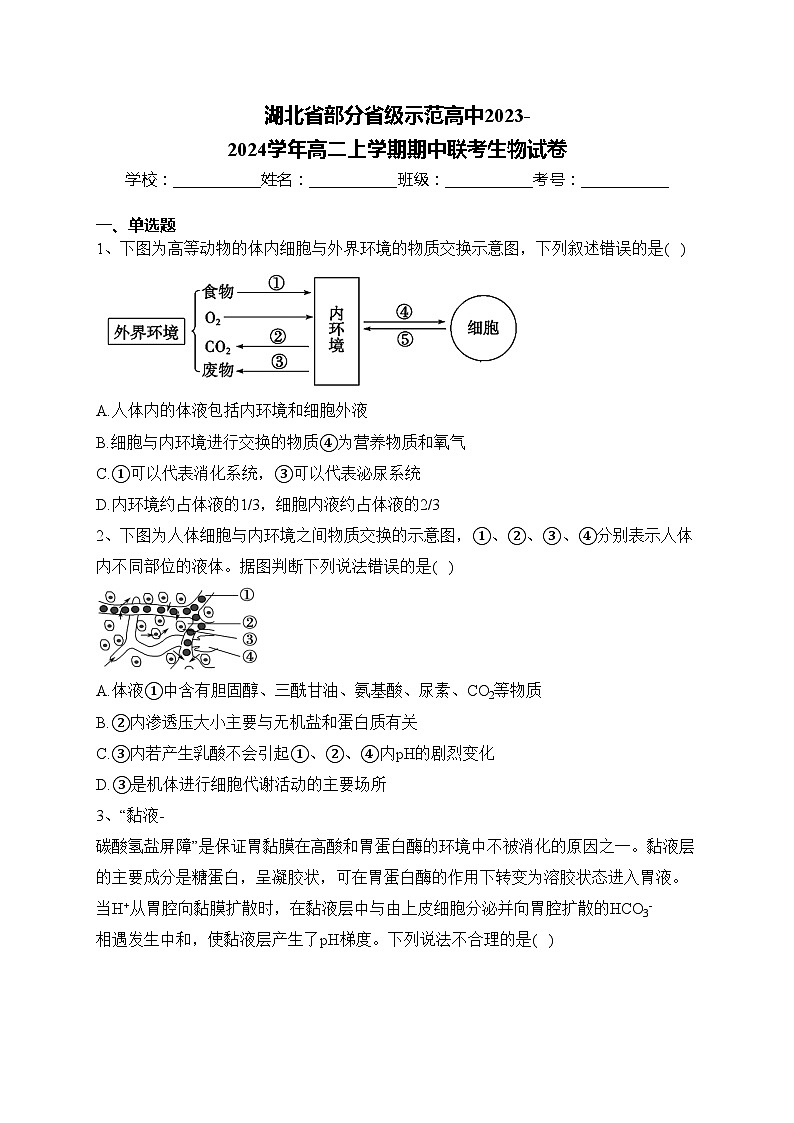 湖北省部分省级示范高中2023-2024学年高二上学期期中联考生物试卷(含答案)01