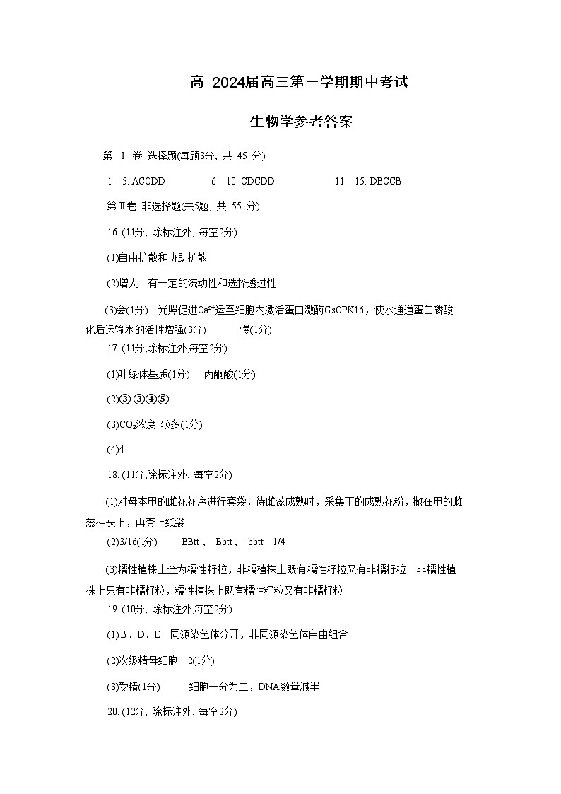 2024届重庆市重庆市第十一中学主城九龙坡区高三第一学期期中考试生物word版含答案01