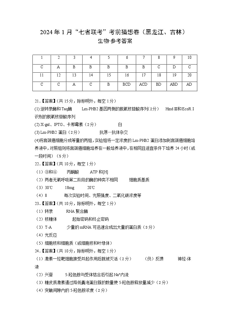 生物（黑龙江、吉林适用，15+5+5题型）参考答案第1页