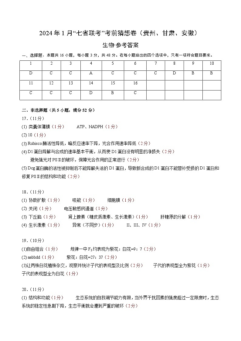 生物（贵州、安徽、甘肃适用，16+5题型）（参考答案）第1页