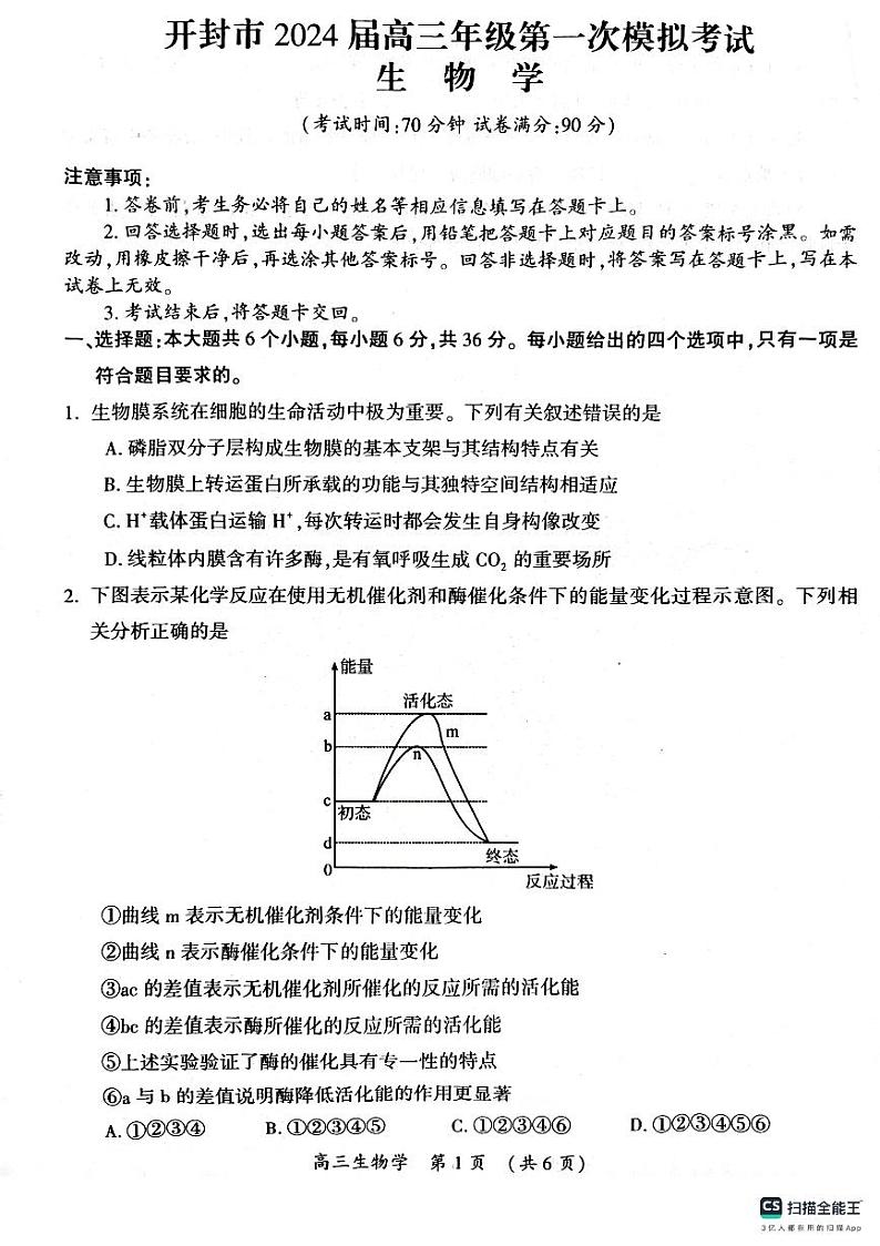 93，2024届开封市高三年级上学期第一次模拟考试生物试卷第1页
