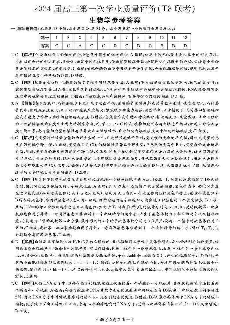 2024届八省八校高三第一次学业质量评价（T8联考）生物试题（湖南炎德版）01