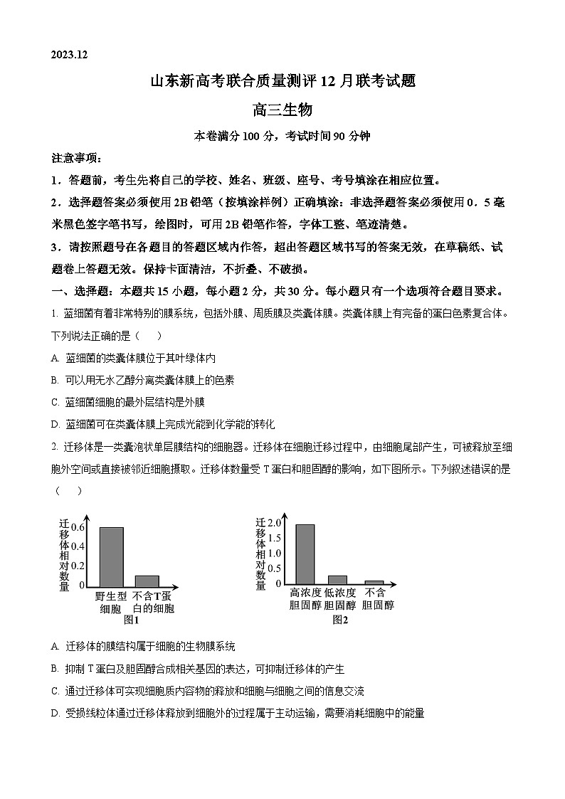 2024山东省新高考联合质量测评高三上学期12月联考生物试题wrod版含答案01