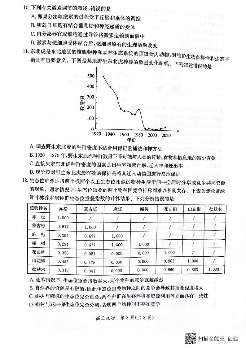河北省邯郸市2024届高三年级上学期第二次调研监测生物第3页