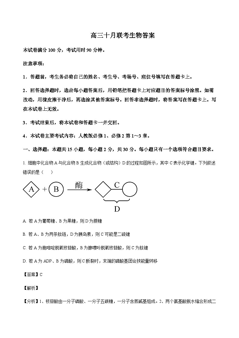 2024届山东省实验中学部分学校高三上学期10月联考生物word版含答案01