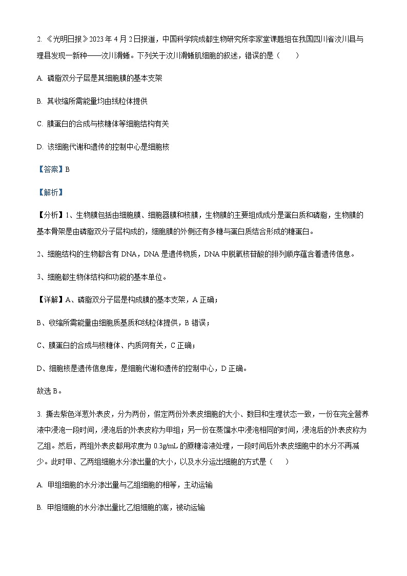 重庆市八中2023-2024学年高三上学期入学测试生物试题 Word版含解析第2页