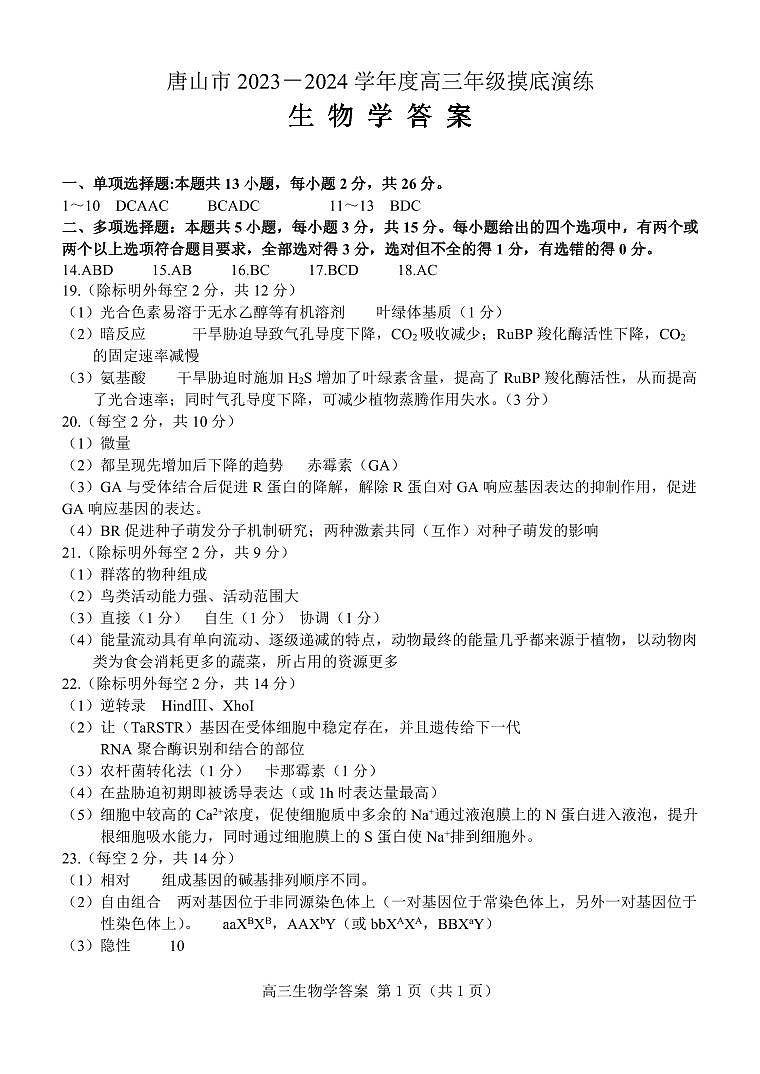 河北省唐山市2023-2024学年高三上学期摸底演练 生物答案第1页