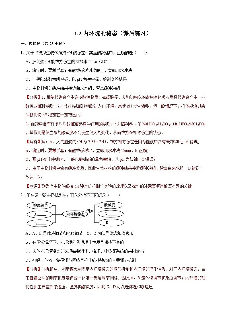 1.2 内环境的稳态（课后练习）（解析版）第1页