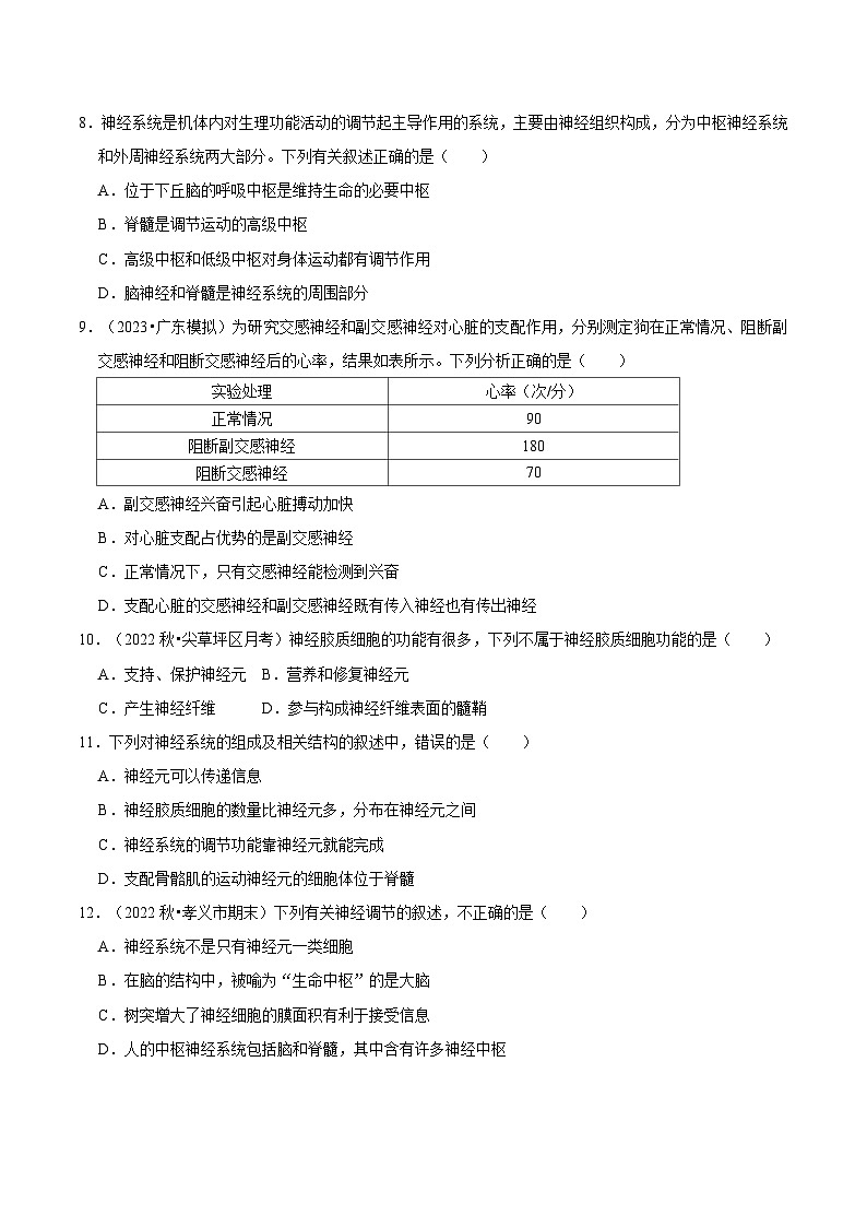 2.1 神经调节的结构基础（课后练习）-2023-2024学年高二生物同步讲练测（人教版选择性必修1）02