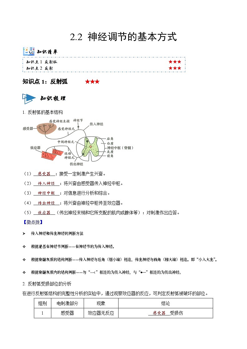 2.2 神经调节的基本方式 （讲义）-2023-2024学年高二生物同步讲练测（人教版选择性必修1）01