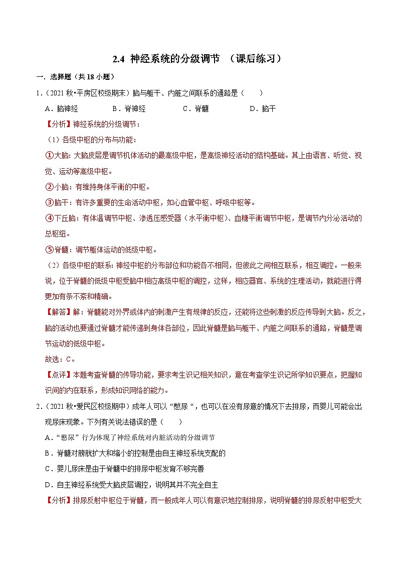2.4 神经系统的分级调节 （课后练习）-2023-2024学年高二生物同步讲练测（人教版选择性必修1）01