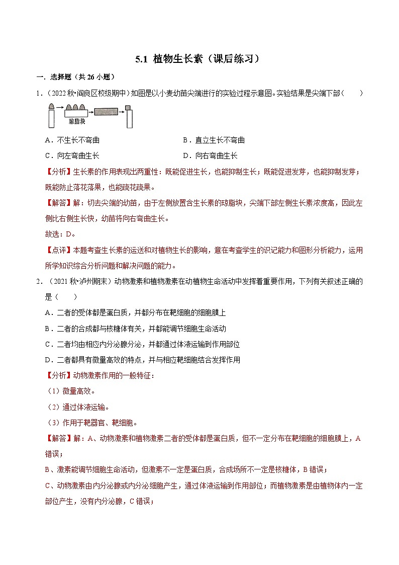5.1 植物生长素（课后练习）-2023-2024学年高二生物同步讲练测（人教版选择性必修1）01