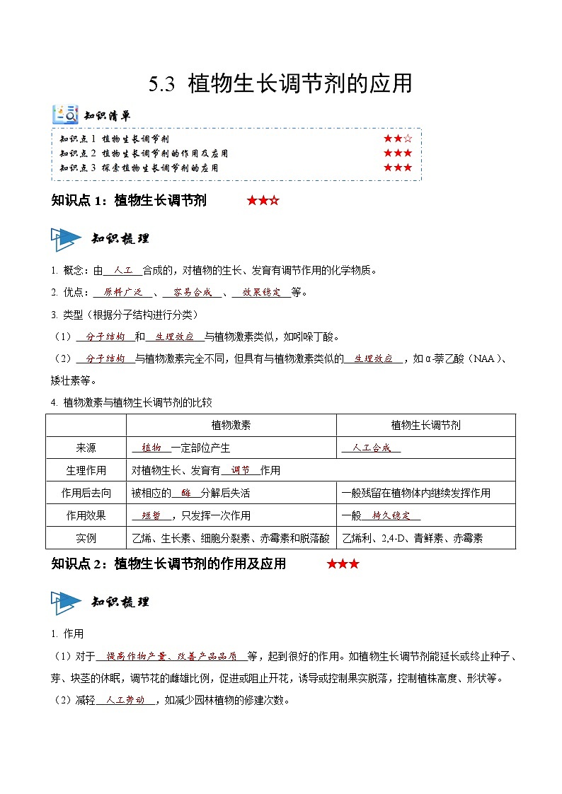 5.3 植物生长调节剂的应用（讲义）-2023-2024学年高二生物同步讲练测（人教版选择性必修1）01