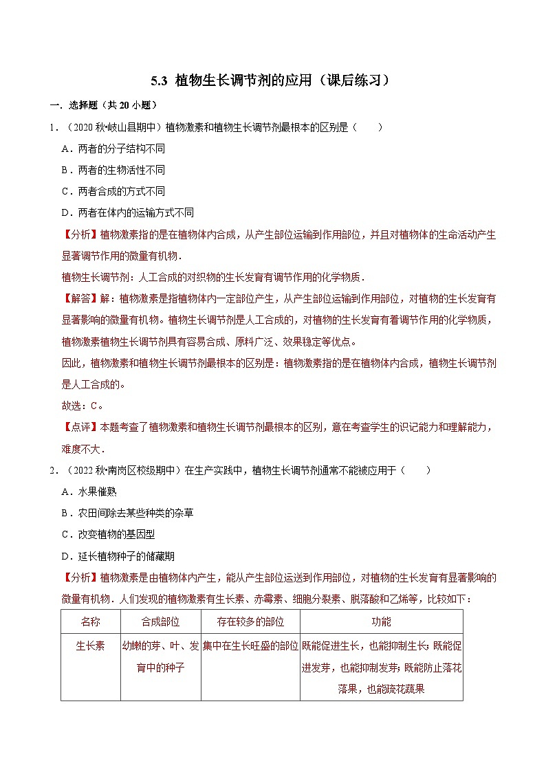 5.3 植物生长调节剂的应用（课后练习）（解析版）第1页
