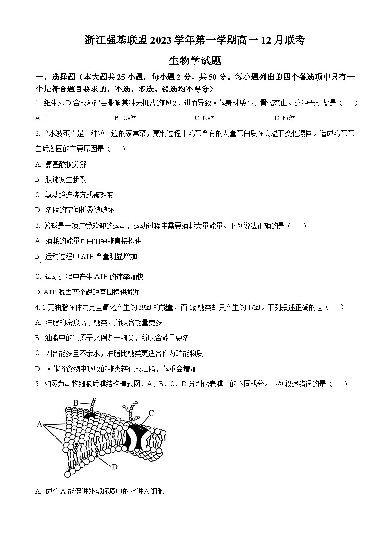 浙江省强基联盟2023-2024学年高一上学期12月月考生物试题（Word版附解析）01