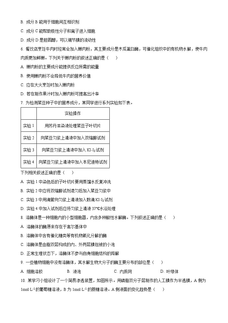 浙江省强基联盟2023-2024学年高一上学期12月月考生物试题（Word版附解析）02