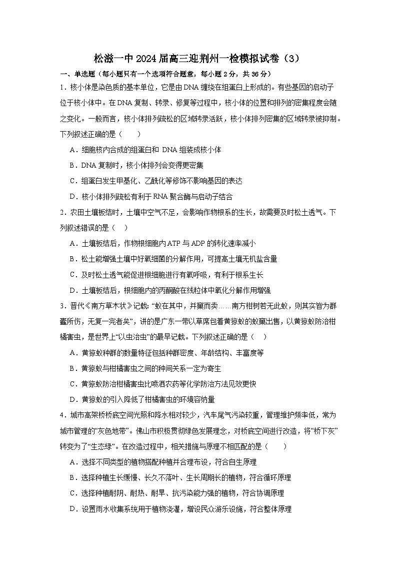 2024届湖北省松滋市第一中学高三迎荆州一检生物模拟试卷（3）01