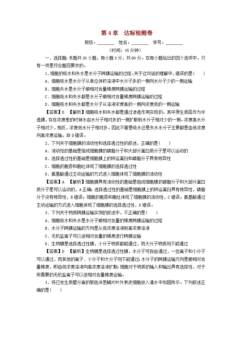 新教材2024版高中生物第4章细胞的物质输入和输出达标检测卷新人教版必修1第1页
