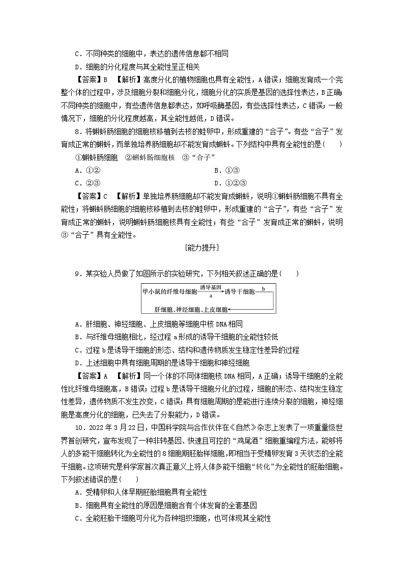 新教材2024版高中生物第6章细胞的生命历程第2节细胞的分化课后提能集训试题新人教版必修103