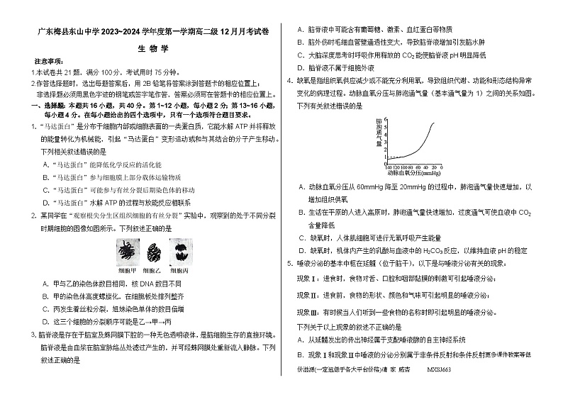 广东省梅州市梅县东山中学2023-2024学年高二上学期12月月考生物试卷第1页