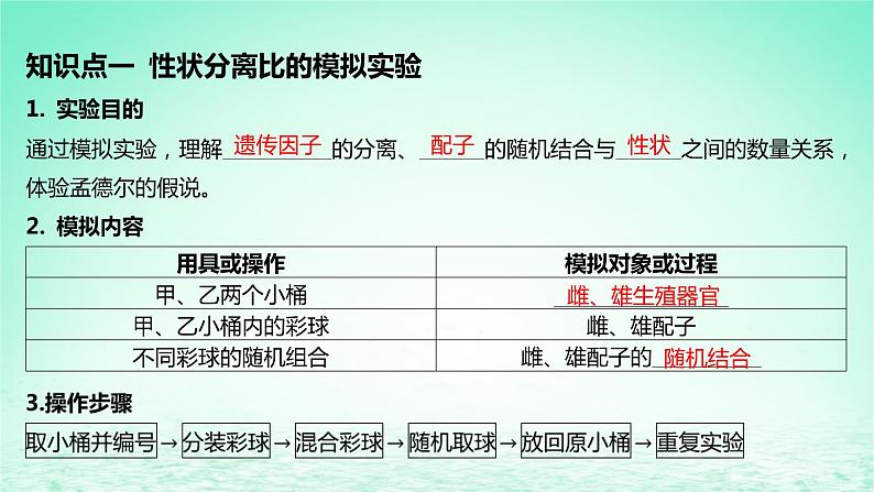 江苏专版2023_2024学年新教材高中生物第1章遗传因子的发现第1节孟德尔的豌豆杂交实验一第2课时性状分离比的模拟实验对分离现象解释的验证及分离定律的内容课件新人教版必修205