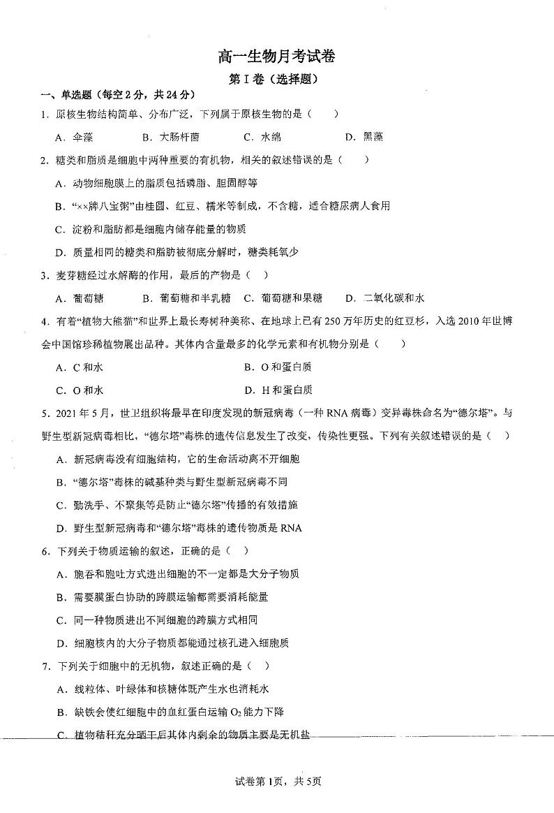 湖南省邵阳市新邵县第三中学2023-2024学年高一上学期12月月考生物试卷01