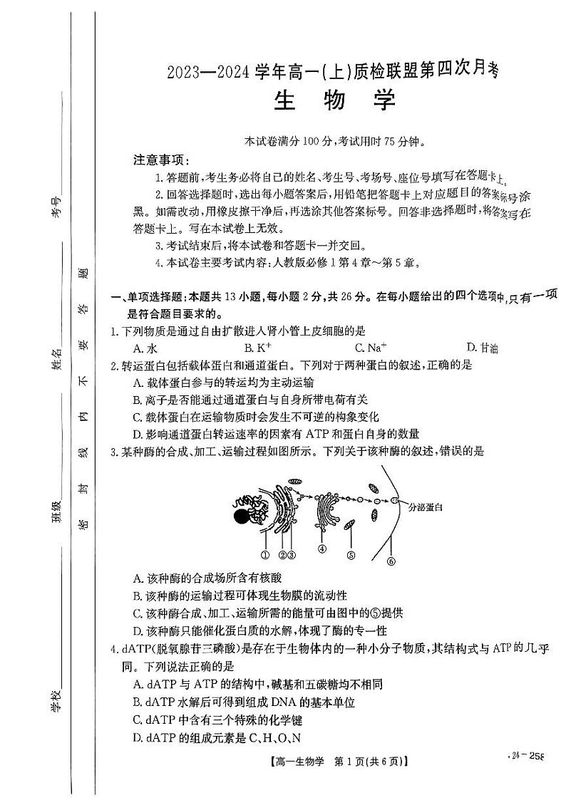 2024邢台质检联盟高一上学期12月月考试题生物PDF版含答案第1页