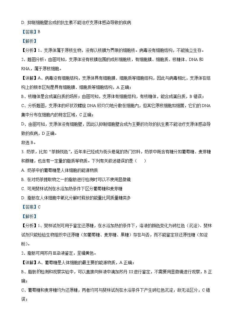 福建省泉州市泉港区二中2023-2024学年高一上学期12月月考生物试题（Word版附解析）第2页