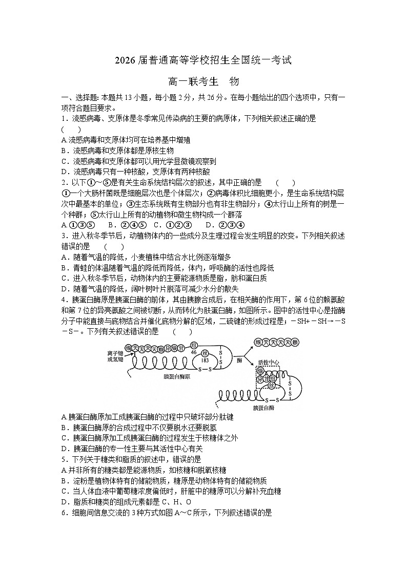 河南省青桐鸣大联考2023-2024学年高一上学期12月月考生物试题（Word版附解析）第1页
