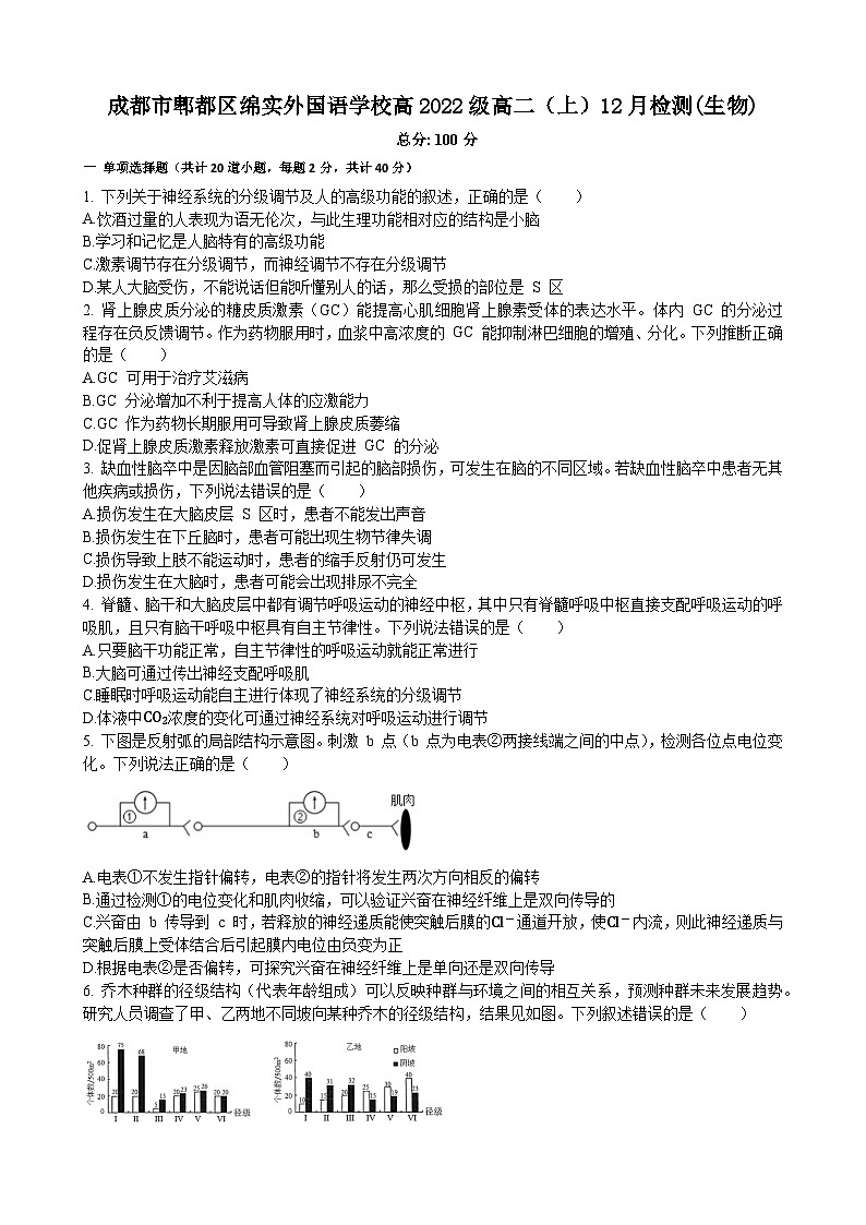 四川省成都市郫都区绵实外国语学校2023-2024学年高二上学期12月检测生物试题（Word版附解析）01