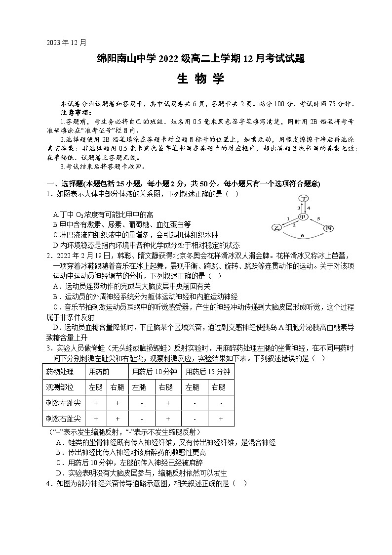 四川省绵阳南山中学2023-2024学年高二上学期12月月考生物试题（Word版附答案）第1页
