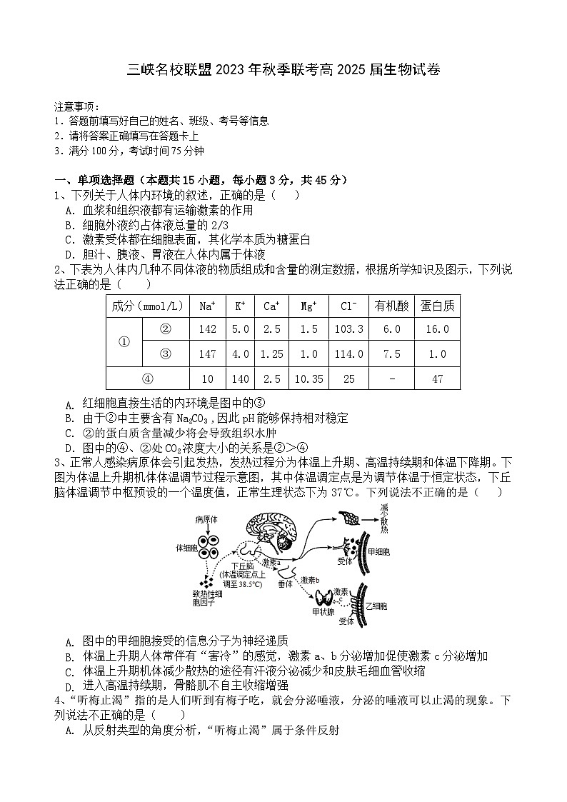 重庆市三峡名校联盟2023-2024学年高二上学期秋季联考生物试题（Word版附答案）第1页