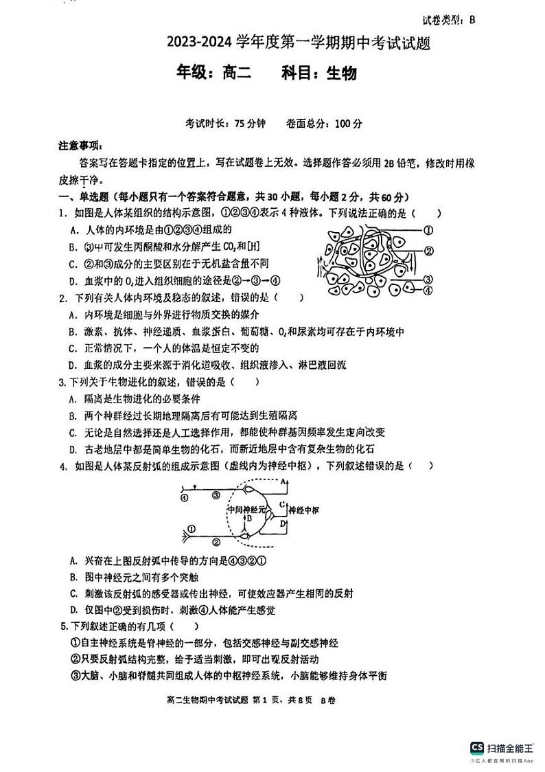 广东省深圳中学2023-2024学年高二上学期11月期中生物试题01